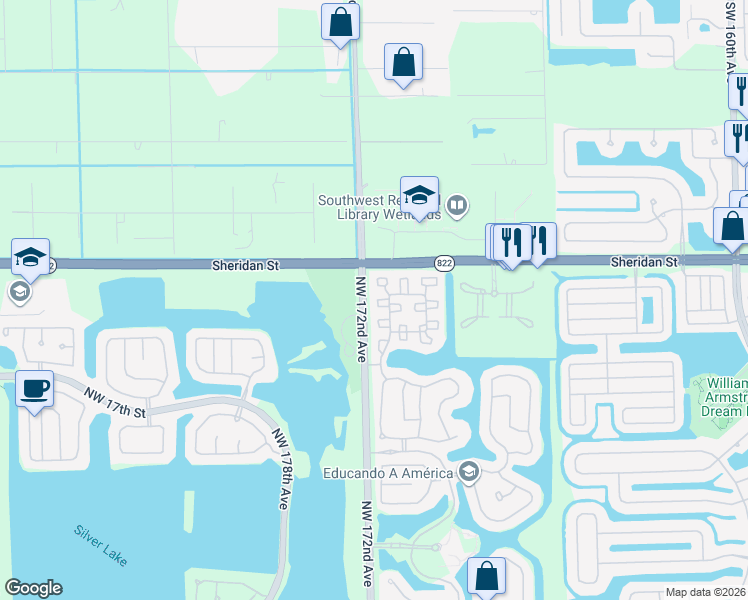 map of restaurants, bars, coffee shops, grocery stores, and more near 2297 Northwest 171st Terrace in Pembroke Pines