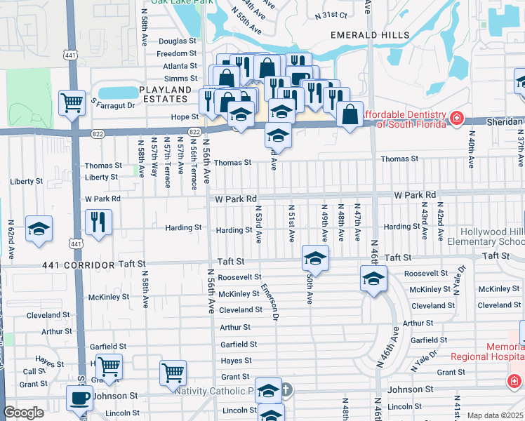 map of restaurants, bars, coffee shops, grocery stores, and more near 2030 North 53rd Avenue in Hollywood