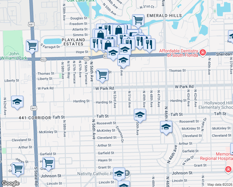 map of restaurants, bars, coffee shops, grocery stores, and more near 2030 North 53rd Avenue in Hollywood