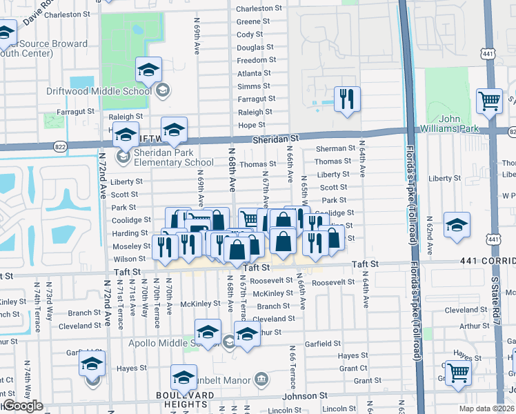 map of restaurants, bars, coffee shops, grocery stores, and more near 6720 Park Street in Hollywood