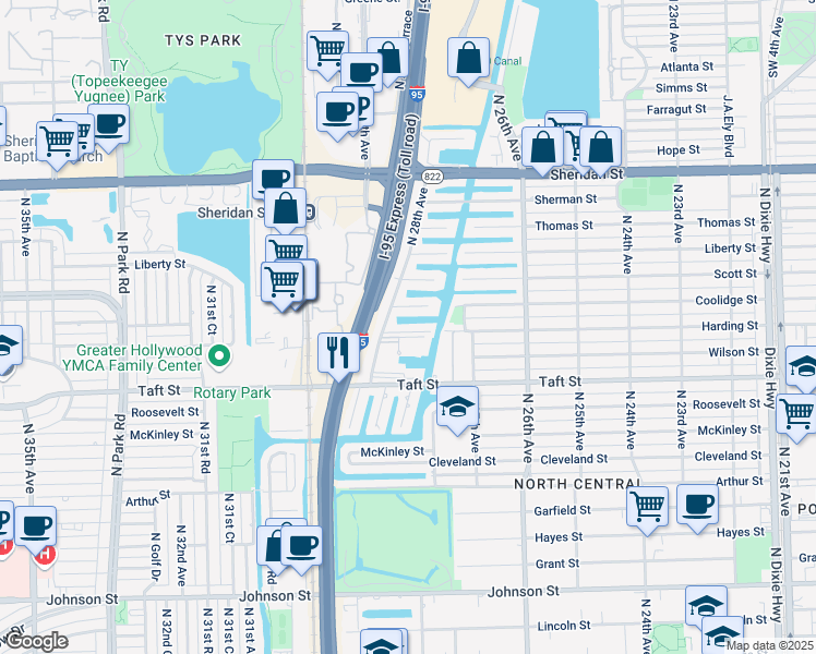 map of restaurants, bars, coffee shops, grocery stores, and more near 2721 Harding Street in Hollywood