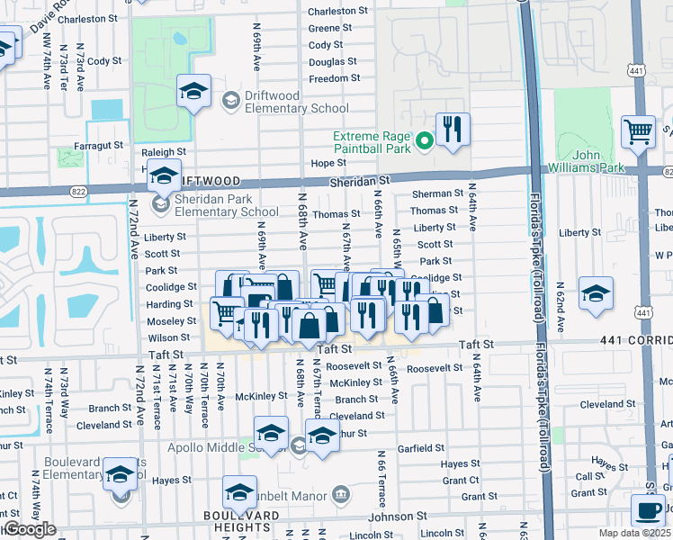 map of restaurants, bars, coffee shops, grocery stores, and more near 6720 Park Street in Hollywood