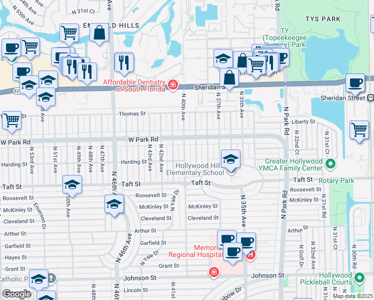 map of restaurants, bars, coffee shops, grocery stores, and more near 1925 North 40th Avenue in Hollywood