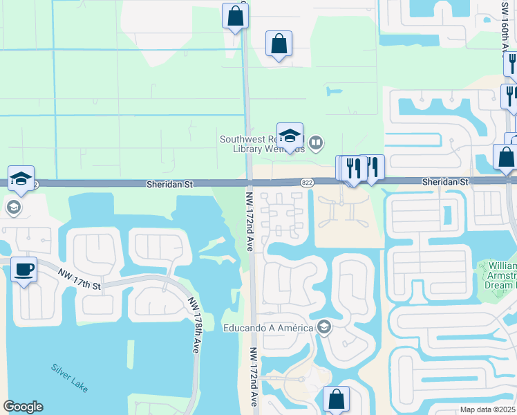 map of restaurants, bars, coffee shops, grocery stores, and more near 2297 Northwest 171st Terrace in Pembroke Pines