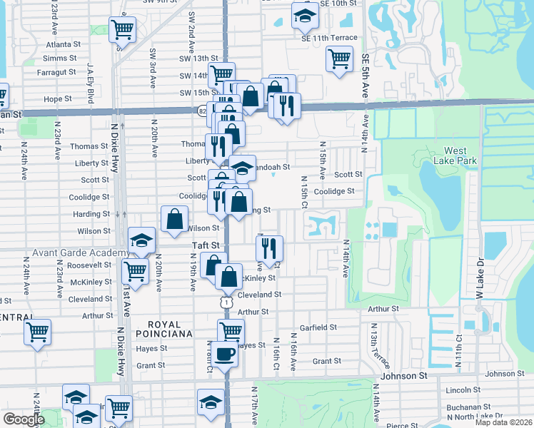 map of restaurants, bars, coffee shops, grocery stores, and more near 1618 Harding Street in Hollywood