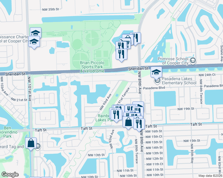 map of restaurants, bars, coffee shops, grocery stores, and more near 2201 Northwest 93rd Avenue in Pembroke Pines