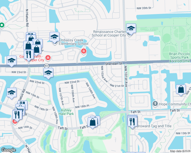 map of restaurants, bars, coffee shops, grocery stores, and more near 10350 West Cypress Court in Pembroke Pines