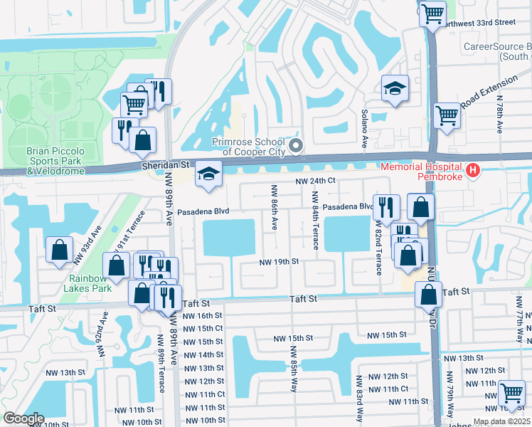 map of restaurants, bars, coffee shops, grocery stores, and more near 2041 Northwest 86th Terrace in Pembroke Pines