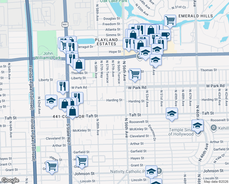 map of restaurants, bars, coffee shops, grocery stores, and more near 2000 North 56th Way in Hollywood