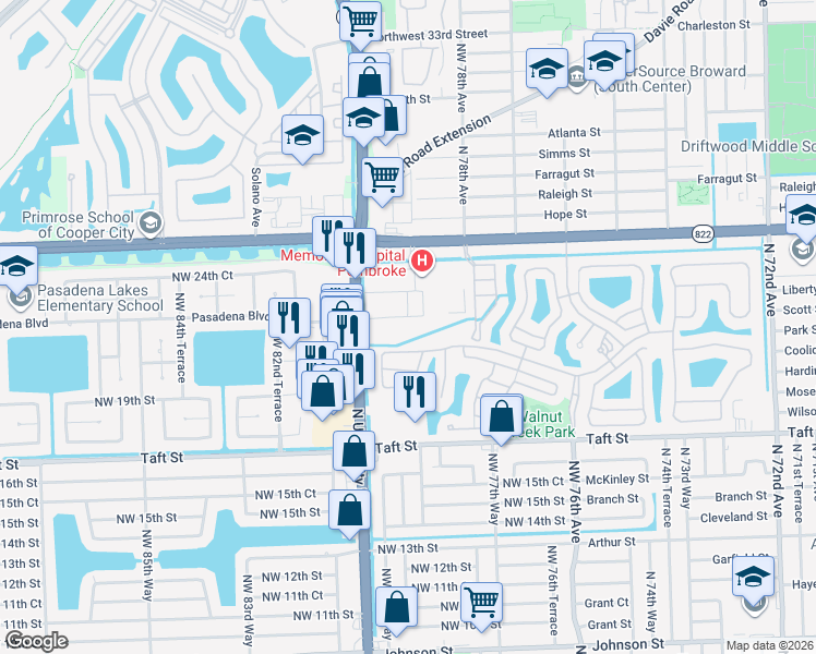 map of restaurants, bars, coffee shops, grocery stores, and more near 7850 Pasadena Boulevard in Pembroke Pines