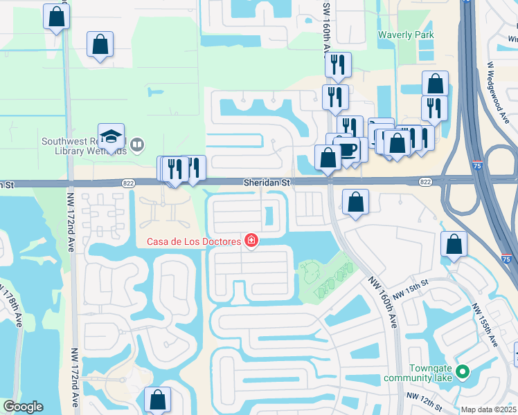 map of restaurants, bars, coffee shops, grocery stores, and more near 16305 Northwest 23rd Street in Pembroke Pines