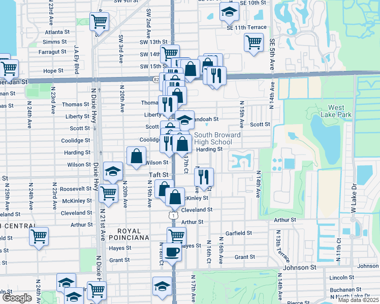 map of restaurants, bars, coffee shops, grocery stores, and more near 1845 North 17th Court in Hollywood