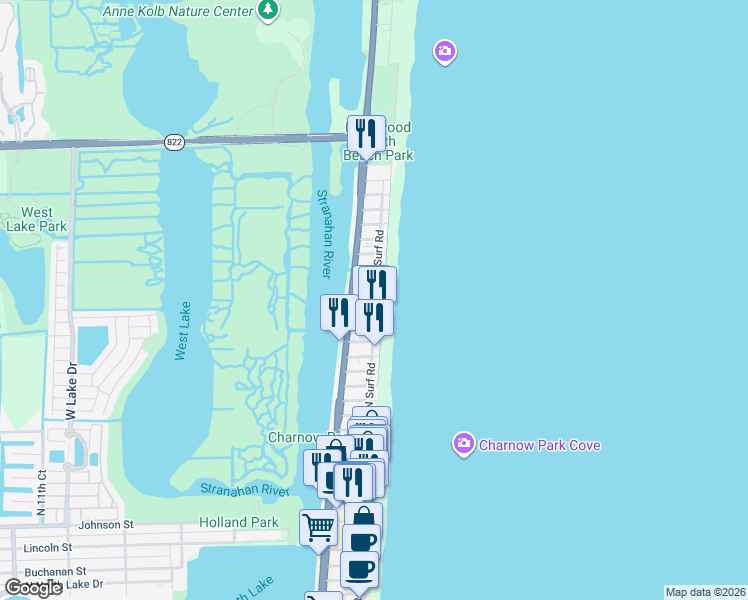 map of restaurants, bars, coffee shops, grocery stores, and more near 202 North Surf Road in Hollywood