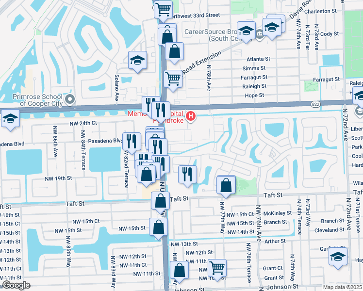 map of restaurants, bars, coffee shops, grocery stores, and more near 7880 Pasadena Boulevard in Pembroke Pines