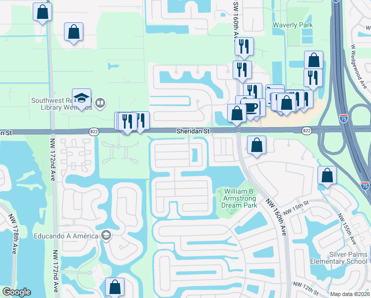 map of restaurants, bars, coffee shops, grocery stores, and more near 16323 Northwest 23rd Street in Pembroke Pines