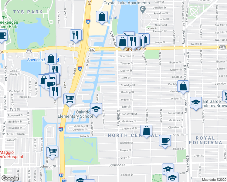 map of restaurants, bars, coffee shops, grocery stores, and more near 2607 Harding Street in Hollywood