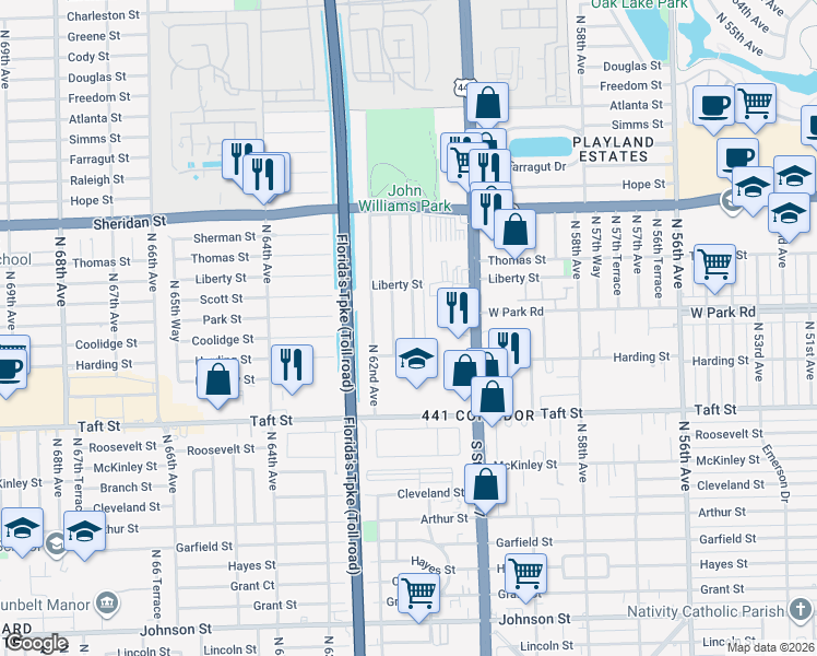 map of restaurants, bars, coffee shops, grocery stores, and more near 2020 Northwest 61st Avenue in Hollywood