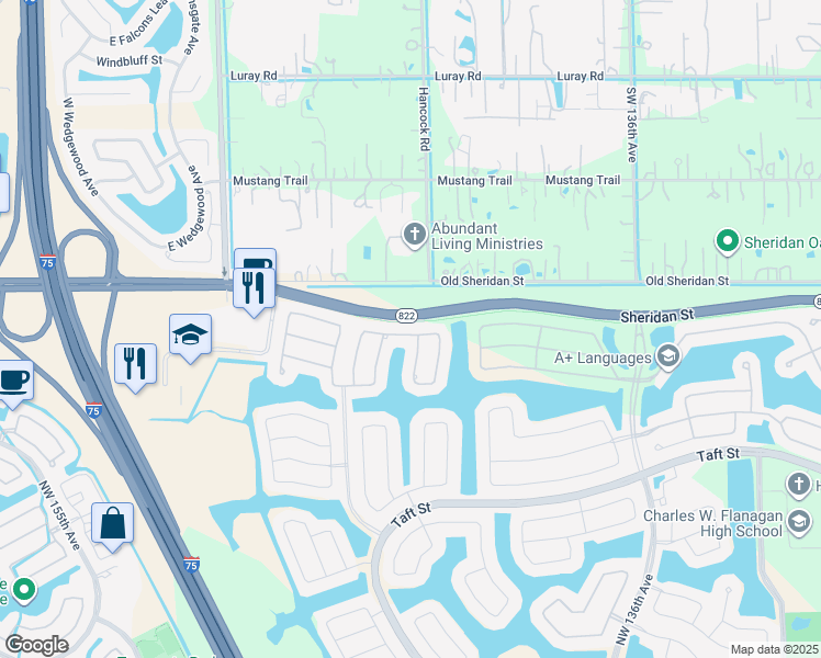 map of restaurants, bars, coffee shops, grocery stores, and more near 13985 Northwest 22nd Court in Pembroke Pines