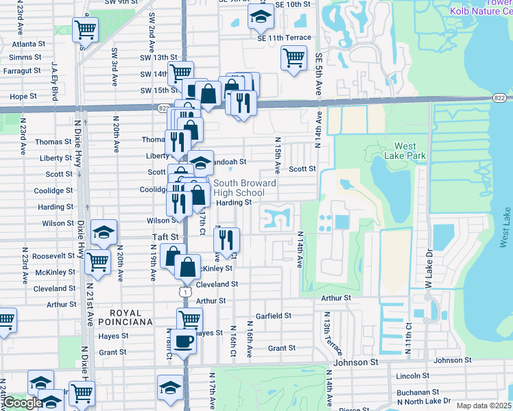 map of restaurants, bars, coffee shops, grocery stores, and more near 1850 West Trafalgar Circle in Hollywood