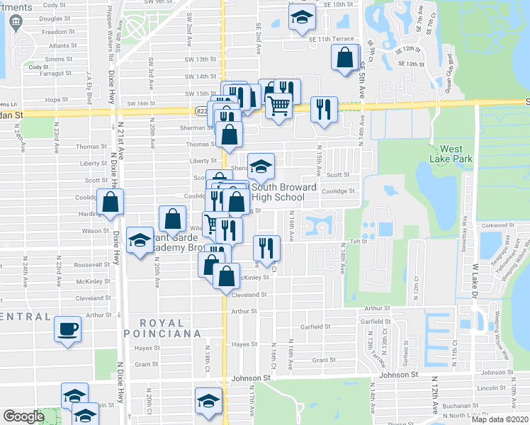 map of restaurants, bars, coffee shops, grocery stores, and more near 1618 Harding Street in Hollywood