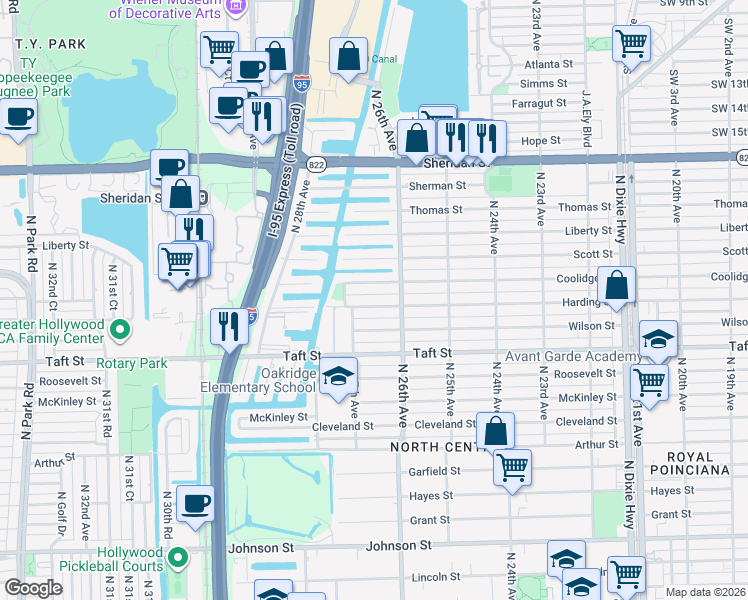 map of restaurants, bars, coffee shops, grocery stores, and more near 2607 Harding Street in Hollywood