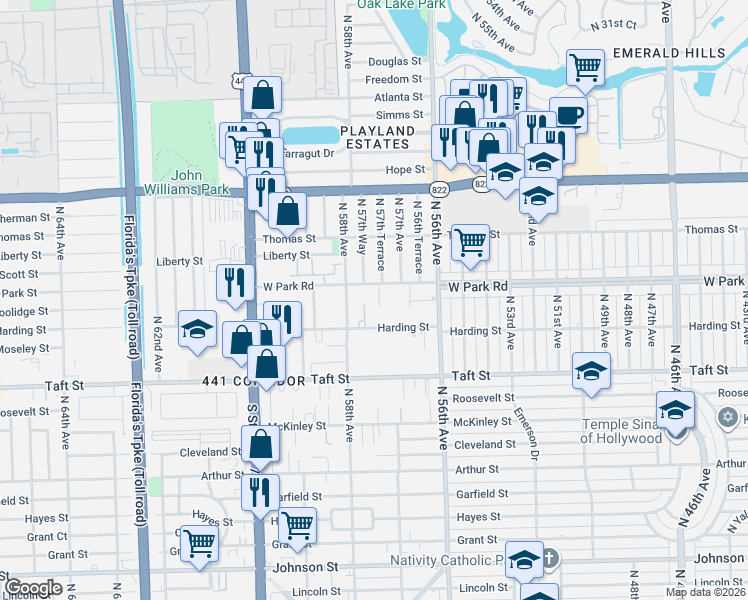 map of restaurants, bars, coffee shops, grocery stores, and more near 5733 Harding Street in Hollywood