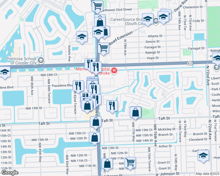 map of restaurants, bars, coffee shops, grocery stores, and more near 7880 Pasadena Boulevard in Pembroke Pines