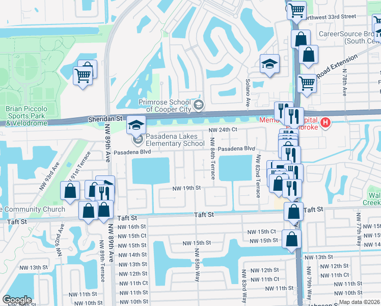 map of restaurants, bars, coffee shops, grocery stores, and more near 2040 Northwest 85th Way in Pembroke Pines