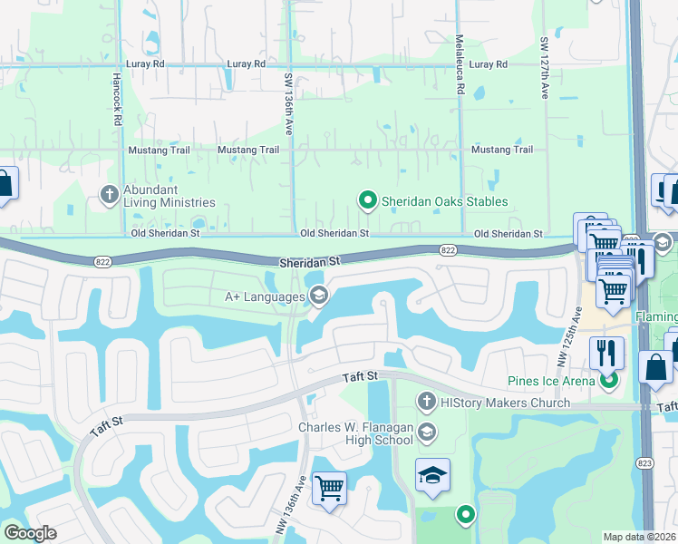 map of restaurants, bars, coffee shops, grocery stores, and more near 13083 Northwest 23rd Street in Pembroke Pines