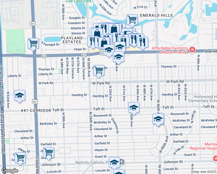map of restaurants, bars, coffee shops, grocery stores, and more near 2030 North 53rd Avenue in Hollywood