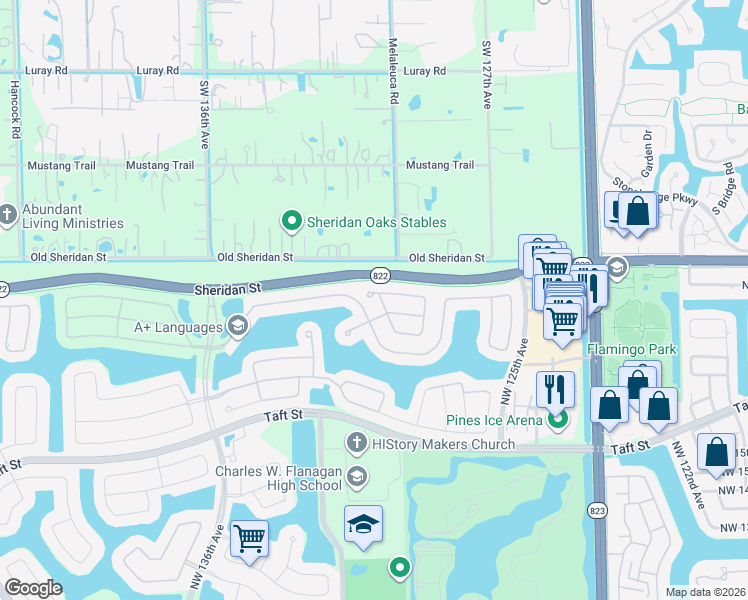 map of restaurants, bars, coffee shops, grocery stores, and more near 2242 Northwest 129th Avenue in Pembroke Pines