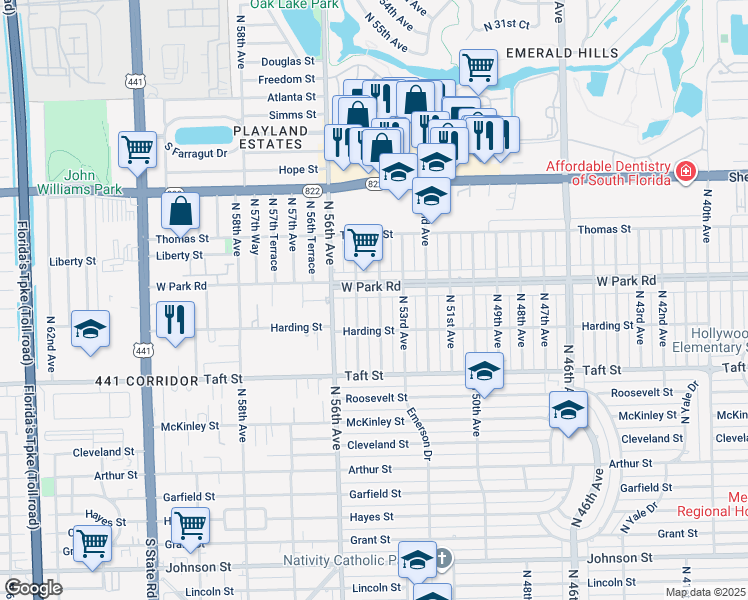 map of restaurants, bars, coffee shops, grocery stores, and more near 2031 North 55th Avenue in Hollywood