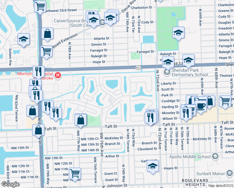 map of restaurants, bars, coffee shops, grocery stores, and more near 7493 Northwest 21st Court in Pembroke Pines