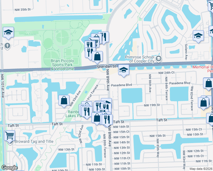 map of restaurants, bars, coffee shops, grocery stores, and more near 2181 Northwest 89th Terrace in Pembroke Pines