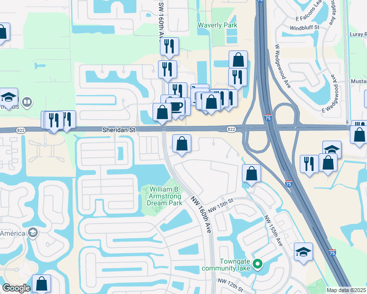 map of restaurants, bars, coffee shops, grocery stores, and more near 2191 Northwest 159th Avenue in Pembroke Pines