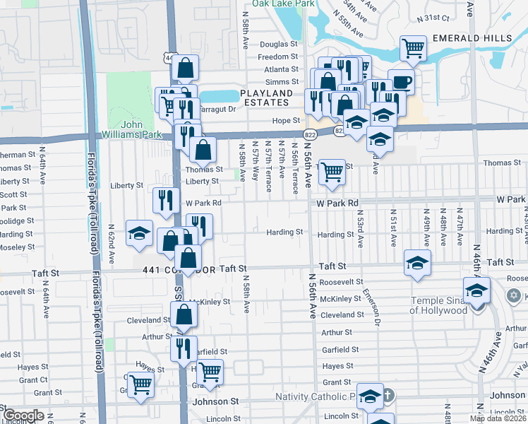 map of restaurants, bars, coffee shops, grocery stores, and more near 5733 Harding Street in Hollywood