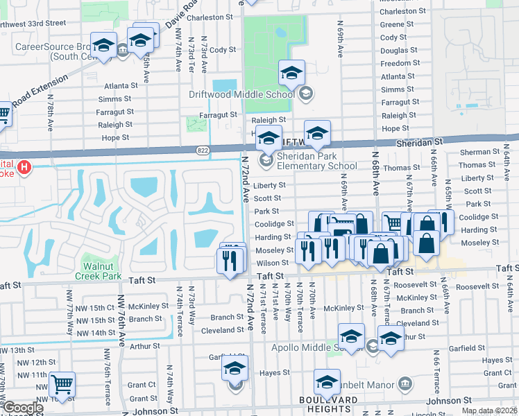 map of restaurants, bars, coffee shops, grocery stores, and more near 7161 Park Street in Hollywood