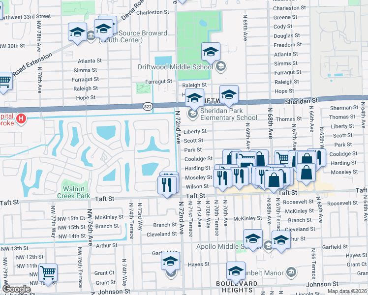 map of restaurants, bars, coffee shops, grocery stores, and more near 7181 Park Street in Hollywood