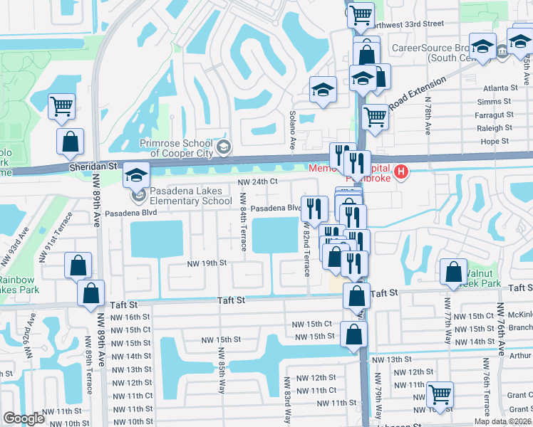 map of restaurants, bars, coffee shops, grocery stores, and more near 8360 Pasadena Boulevard in Pembroke Pines