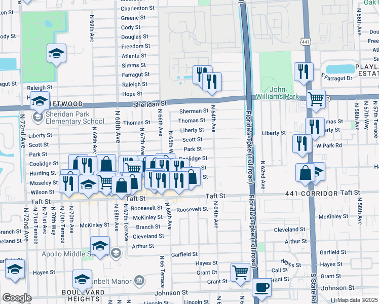 map of restaurants, bars, coffee shops, grocery stores, and more near 6500 Park St in Hollywood