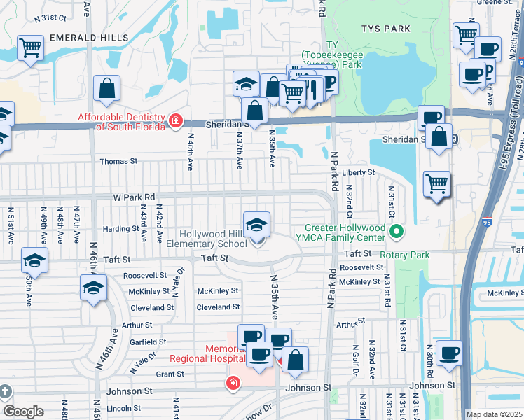 map of restaurants, bars, coffee shops, grocery stores, and more near 2001 North 36th Avenue in Hollywood