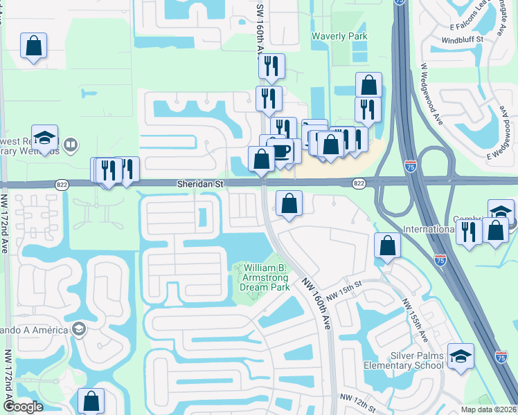 map of restaurants, bars, coffee shops, grocery stores, and more near 2246 Northwest 159th Lane in Pembroke Pines