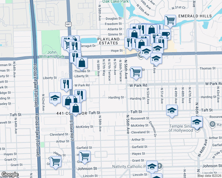 map of restaurants, bars, coffee shops, grocery stores, and more near 2000 North 56th Way in Hollywood