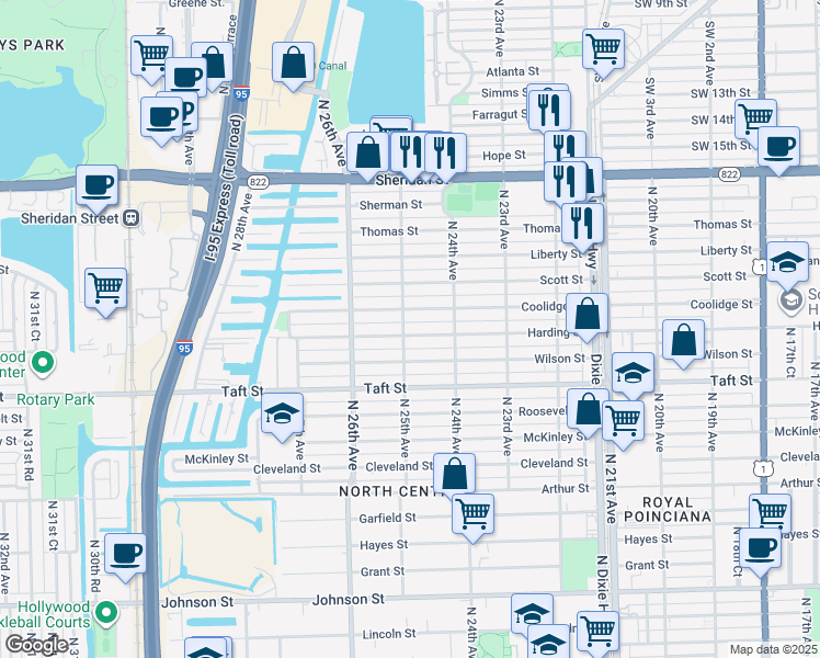 map of restaurants, bars, coffee shops, grocery stores, and more near 2443 Harding Street in Hollywood