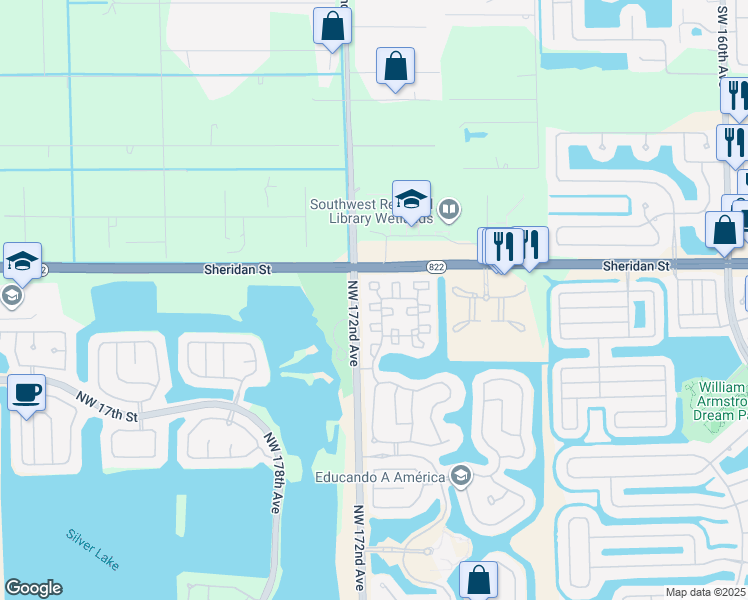 map of restaurants, bars, coffee shops, grocery stores, and more near 2297 Northwest 171st Terrace in Pembroke Pines
