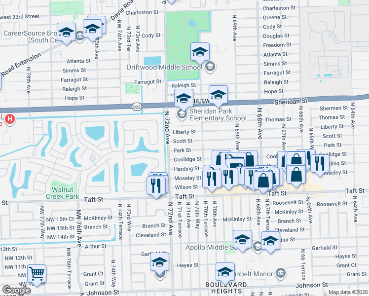 map of restaurants, bars, coffee shops, grocery stores, and more near 7101 Park Street in Hollywood