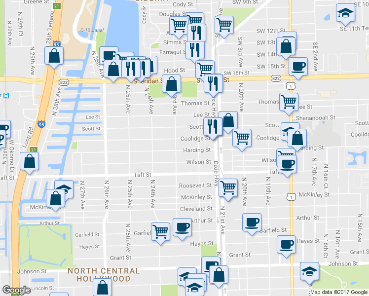 map of restaurants, bars, coffee shops, grocery stores, and more near 2231 Harding Street in Hollywood