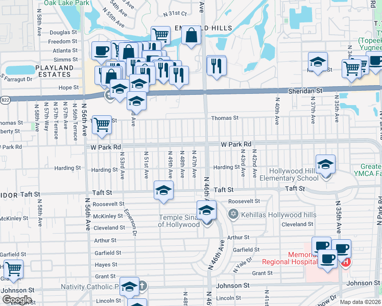 map of restaurants, bars, coffee shops, grocery stores, and more near 2020 North 47th Avenue in Hollywood