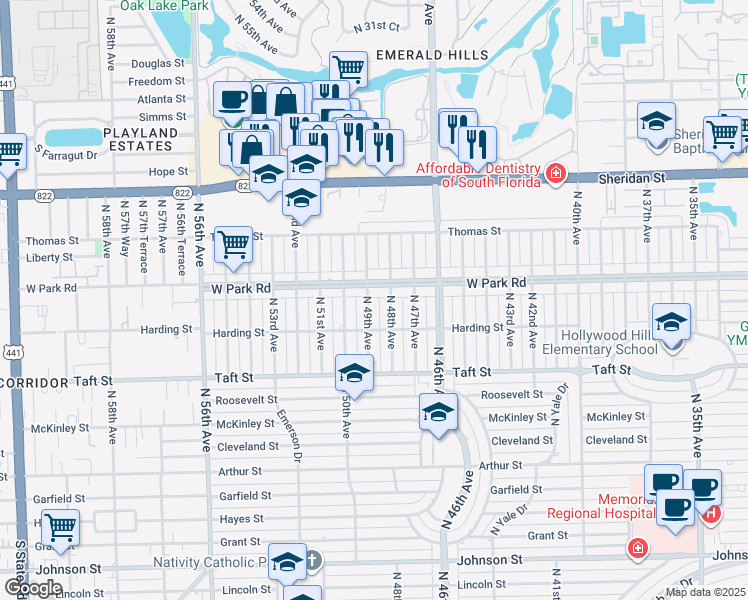 map of restaurants, bars, coffee shops, grocery stores, and more near 2021 North 49th Avenue in Hollywood