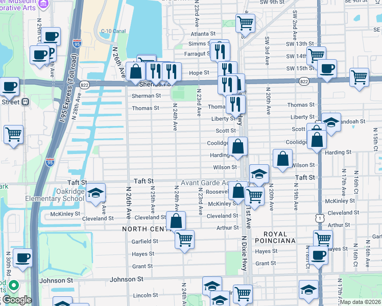 map of restaurants, bars, coffee shops, grocery stores, and more near 2319 Harding Street in Hollywood